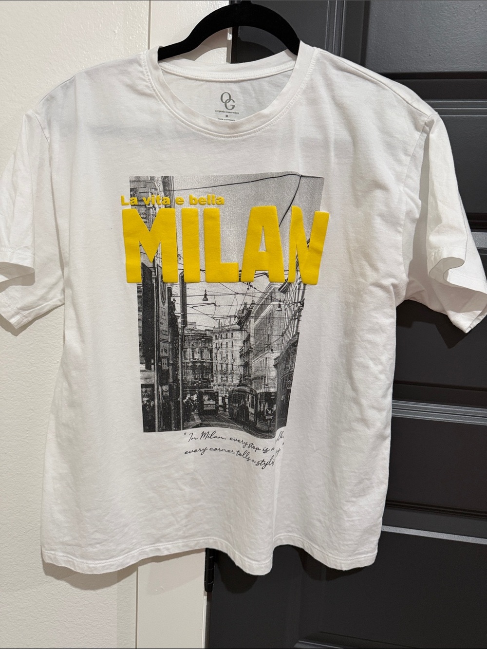 White MILAN Graphic Tee with Yellow Lettering by QO